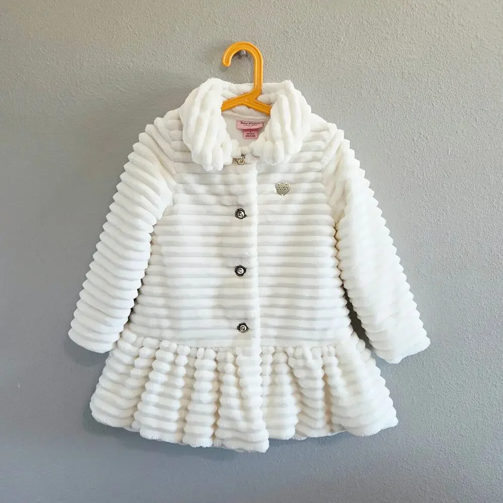 Juicy Couture Girls Faux Fur Ribbed Winter Coat With Ruffled Hem- Size 5 - Cream